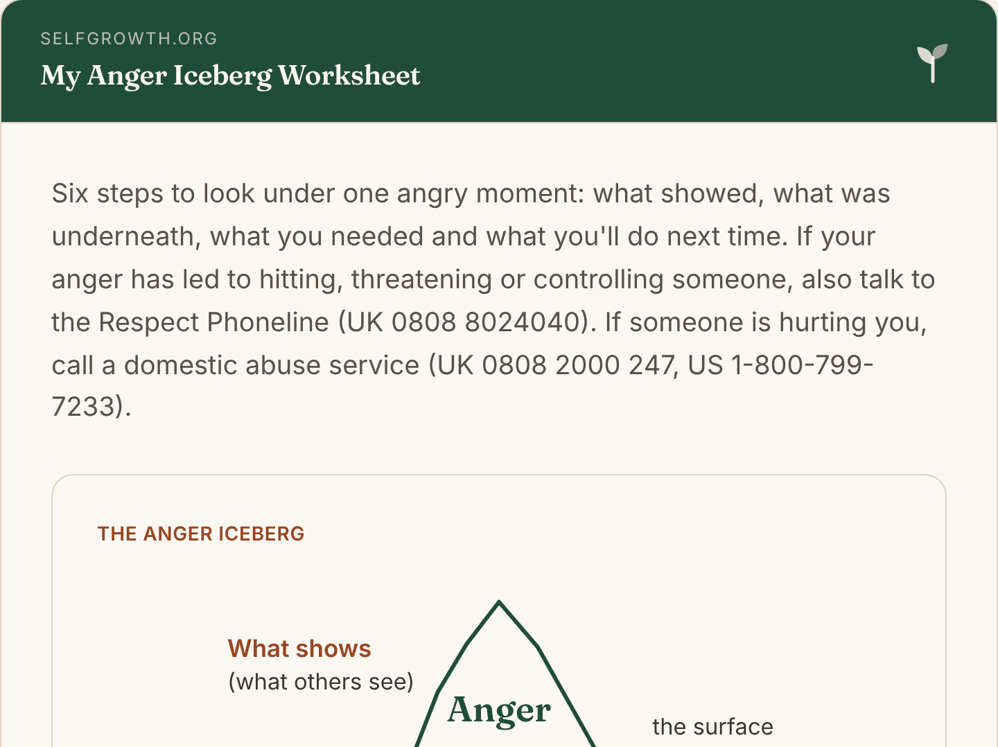 Preview of the Anger Iceberg Worksheet, a free printable worksheet