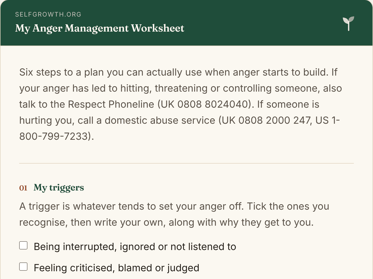 Preview of the Anger Management Worksheet, a free printable worksheet