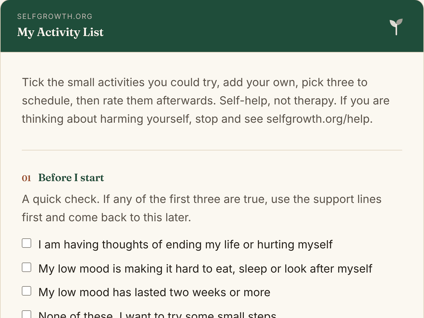Preview of the Behavioural Activation Activity List, a free printable worksheet