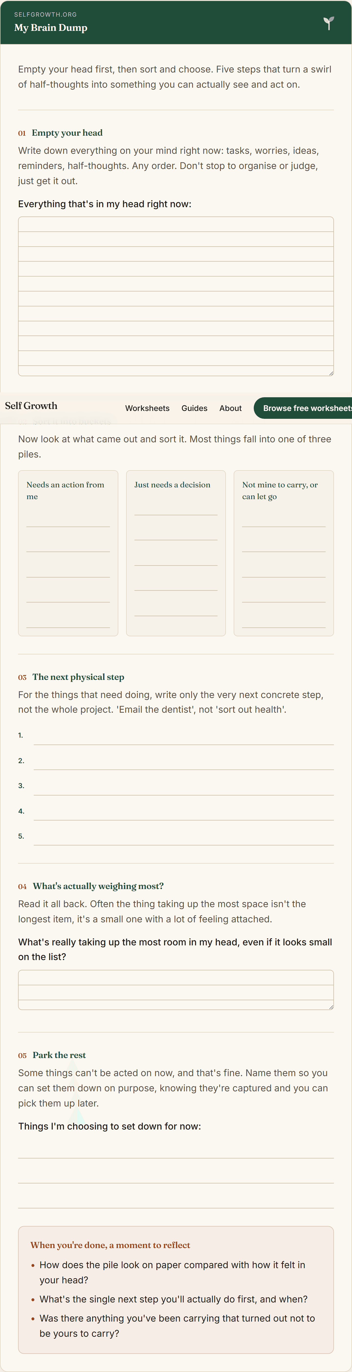 Preview of the Brain Dump Template, a free printable worksheet