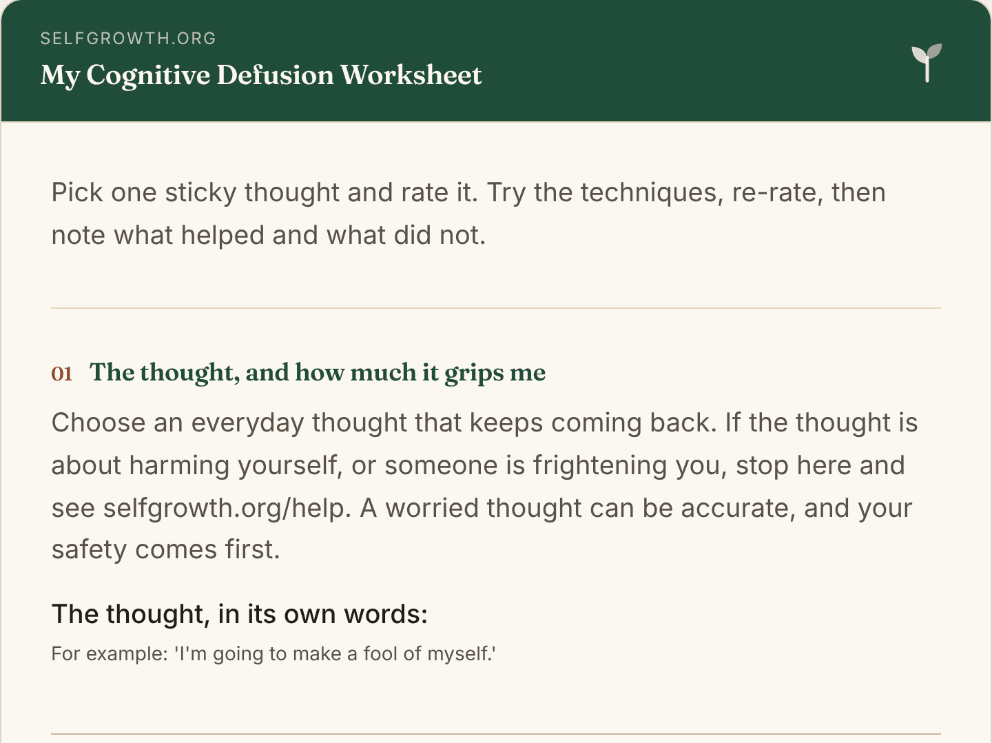 Preview of the Cognitive Defusion Worksheet, a free printable worksheet