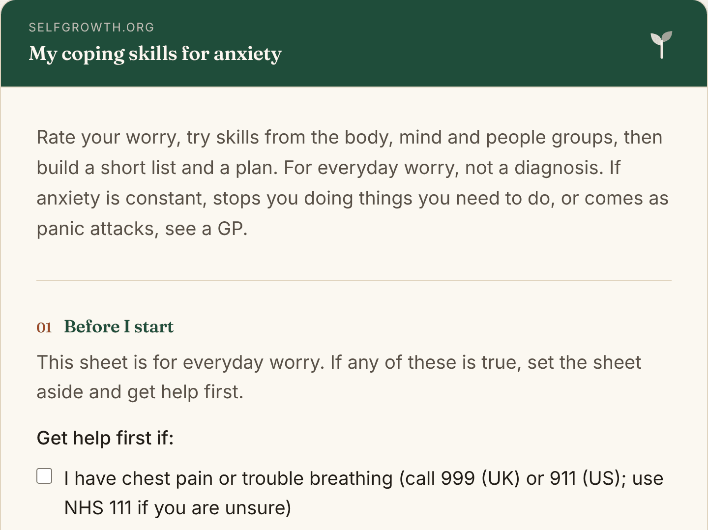 Preview of the Coping Skills for Anxiety Worksheet, a free printable worksheet