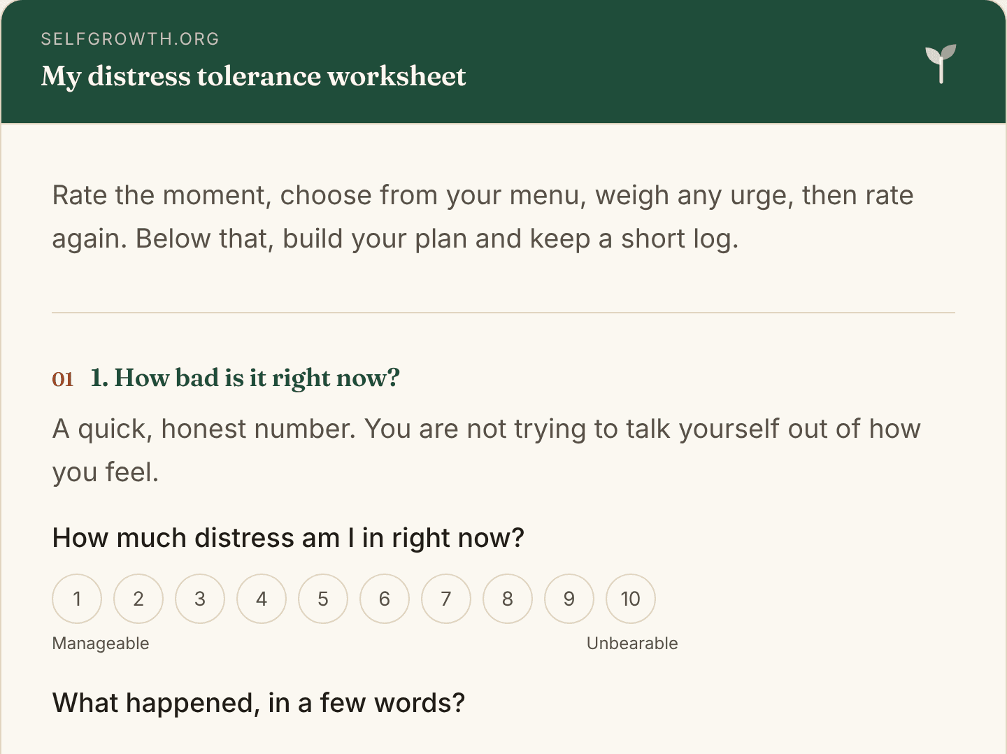 Preview of the Distress Tolerance Worksheet, a free printable worksheet