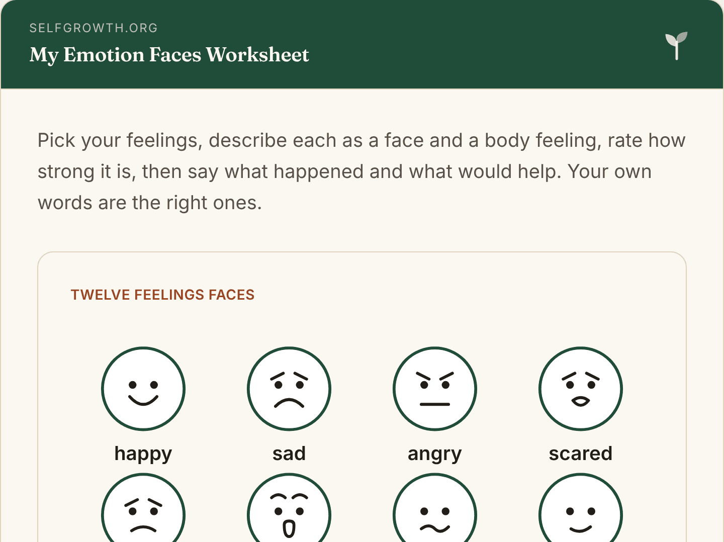 Preview of the Emotion Faces Worksheet, a free printable worksheet