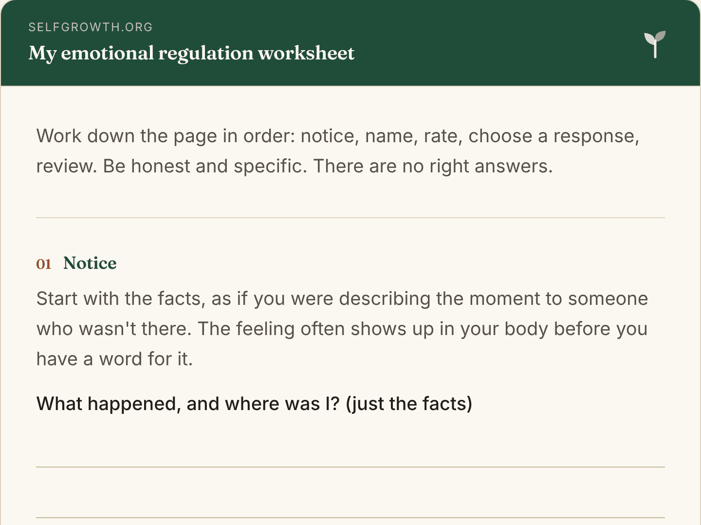 Preview of the Emotional Regulation Worksheet, a free printable worksheet