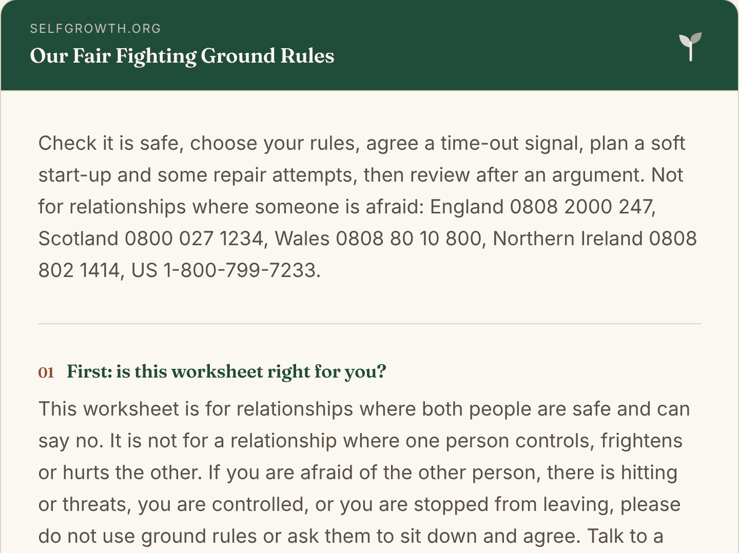 Preview of the Fair Fighting Rules Worksheet, a free printable worksheet