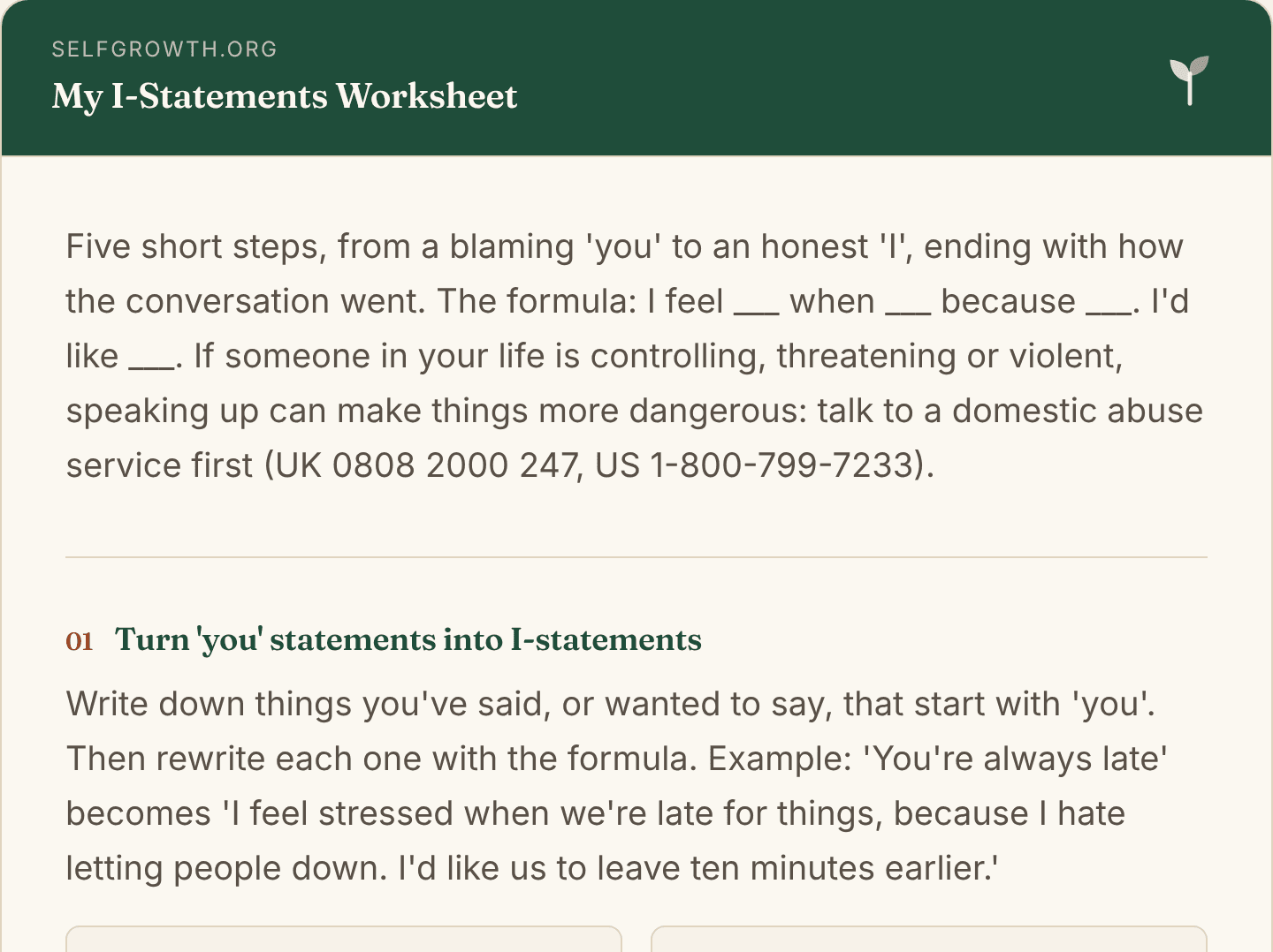 Preview of the I-Statements Worksheet, a free printable worksheet