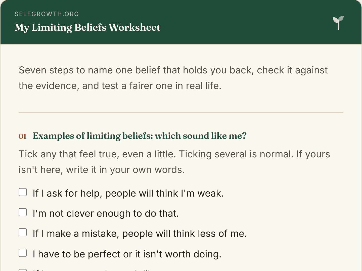 Preview of the Limiting Beliefs Worksheet, a free printable worksheet
