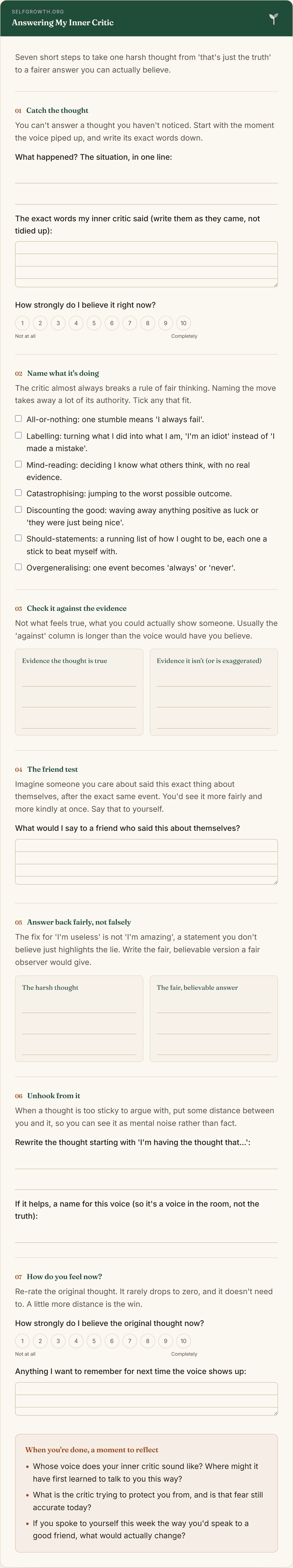 Preview of the Negative Self-Talk Worksheet, a free printable worksheet