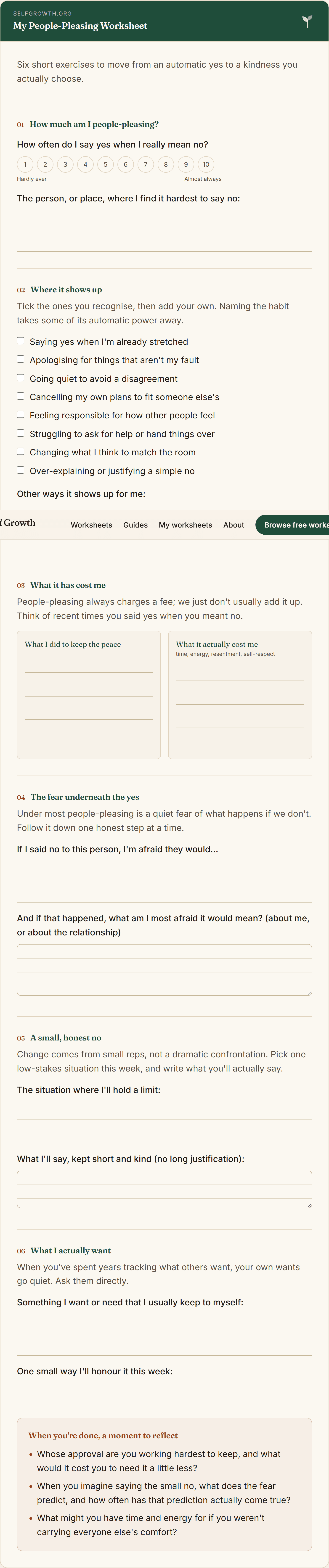 Preview of the People-Pleasing Worksheet, a free printable worksheet