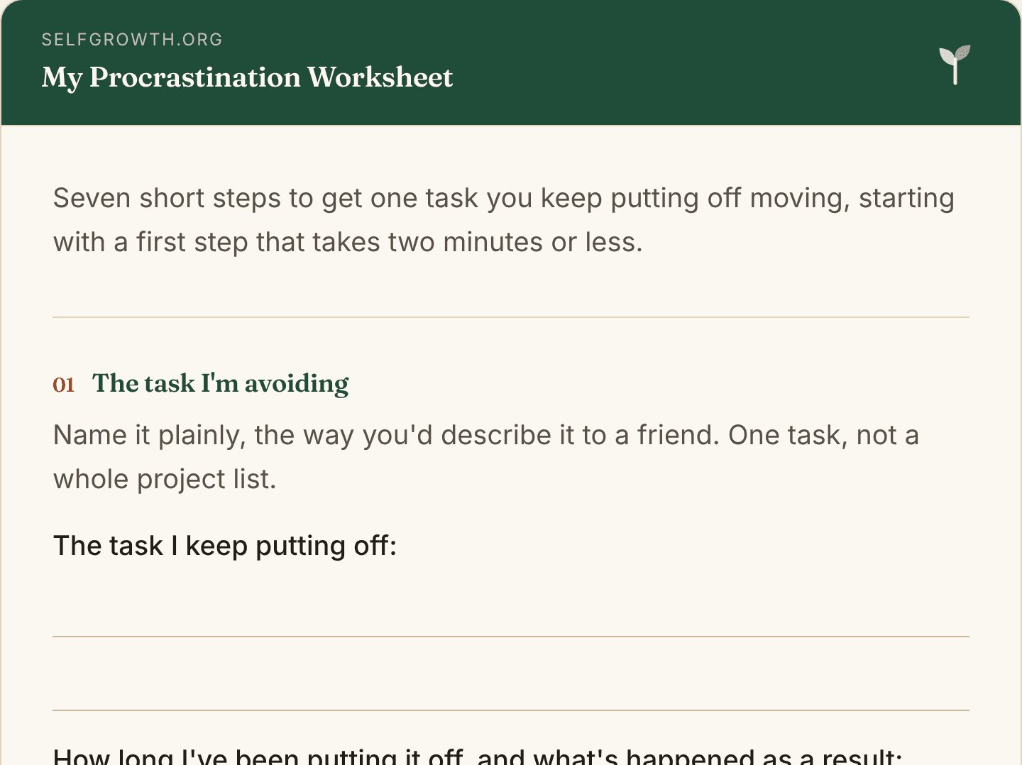 Preview of the Procrastination Worksheet, a free printable worksheet