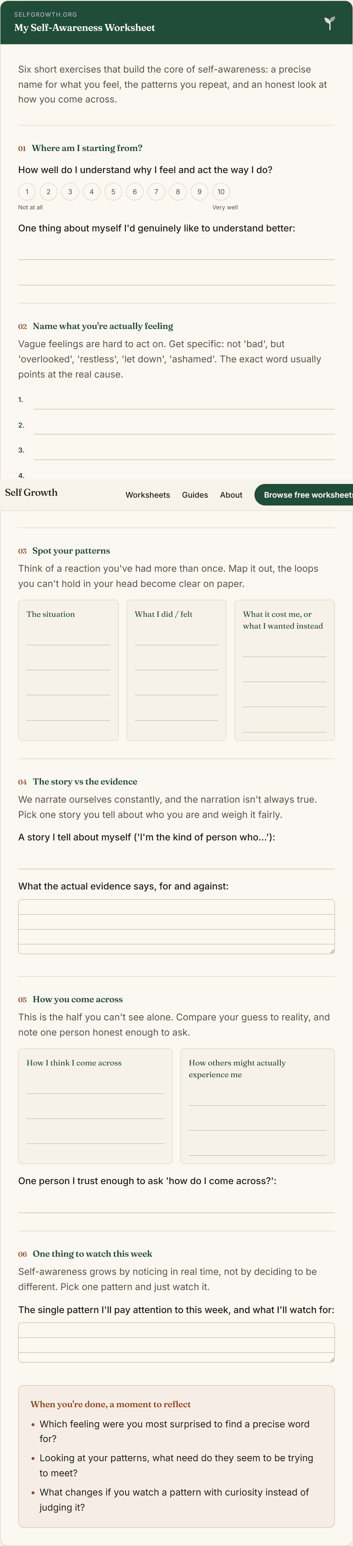Preview of the Self-Awareness Worksheet, a free printable worksheet