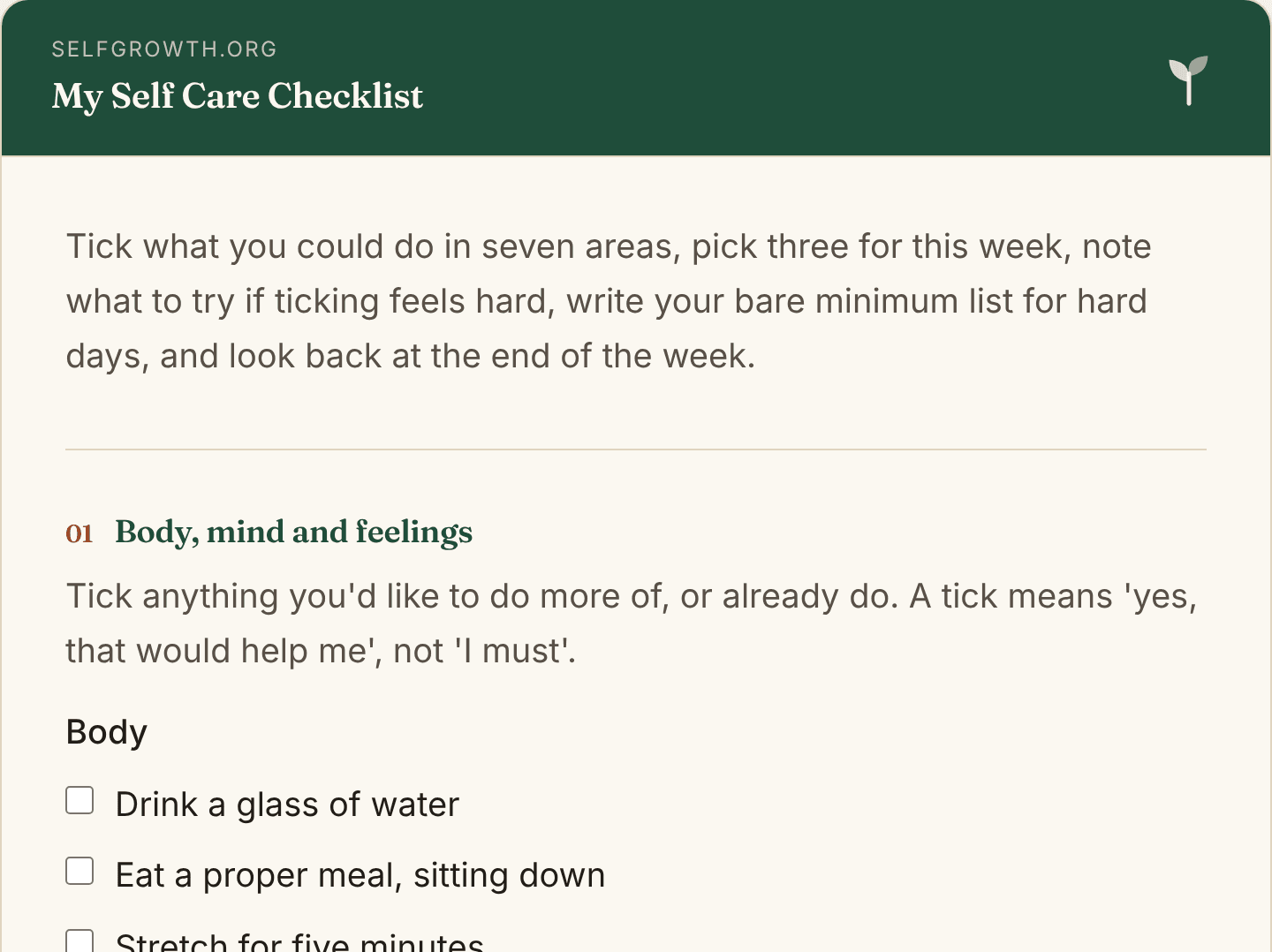 Preview of the Self Care Checklist, a free printable worksheet