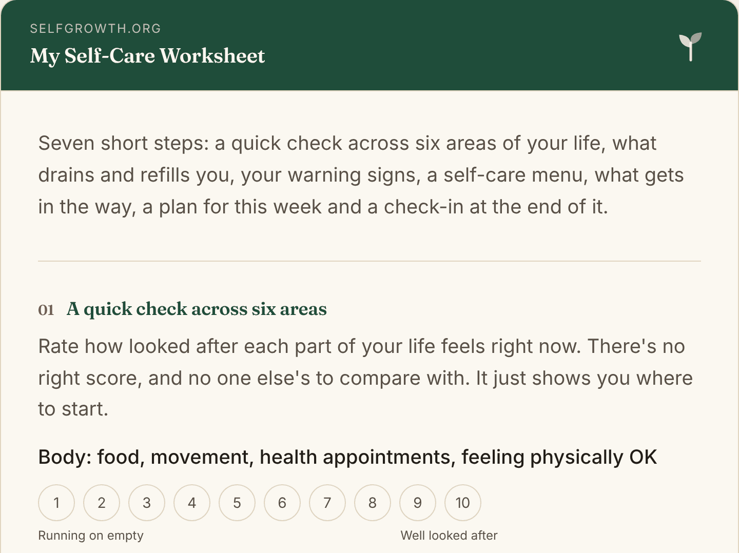 Preview of the Self-Care Worksheet, a free printable worksheet