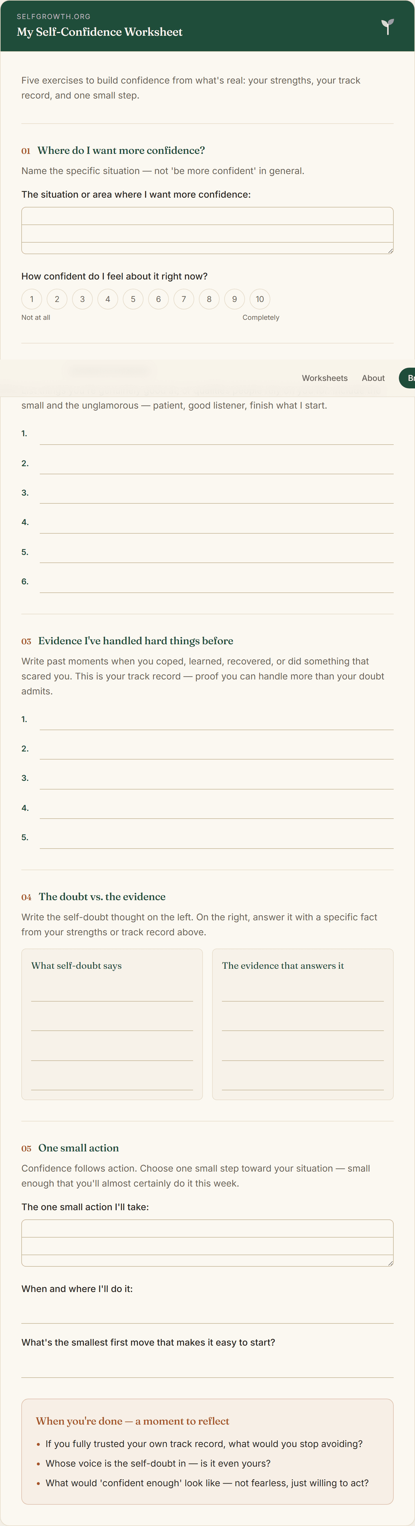 Preview of the Self-Confidence Worksheet — a free printable worksheet