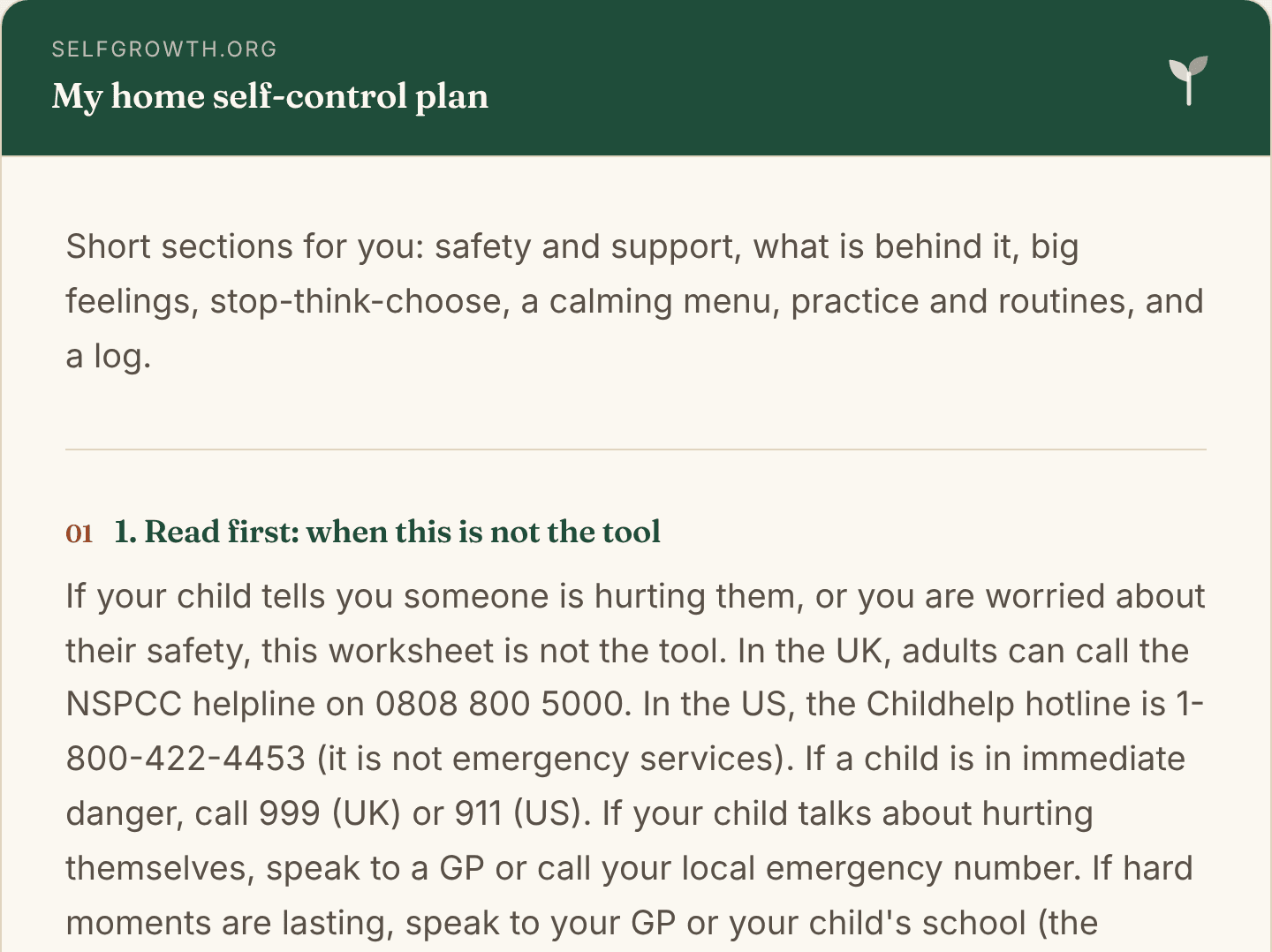 Preview of the Self-Control (Parents), a free printable worksheet