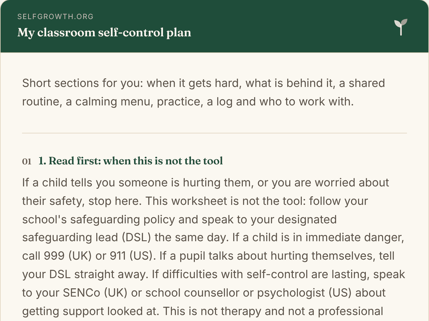 Preview of the Self-Control (Teachers), a free printable worksheet