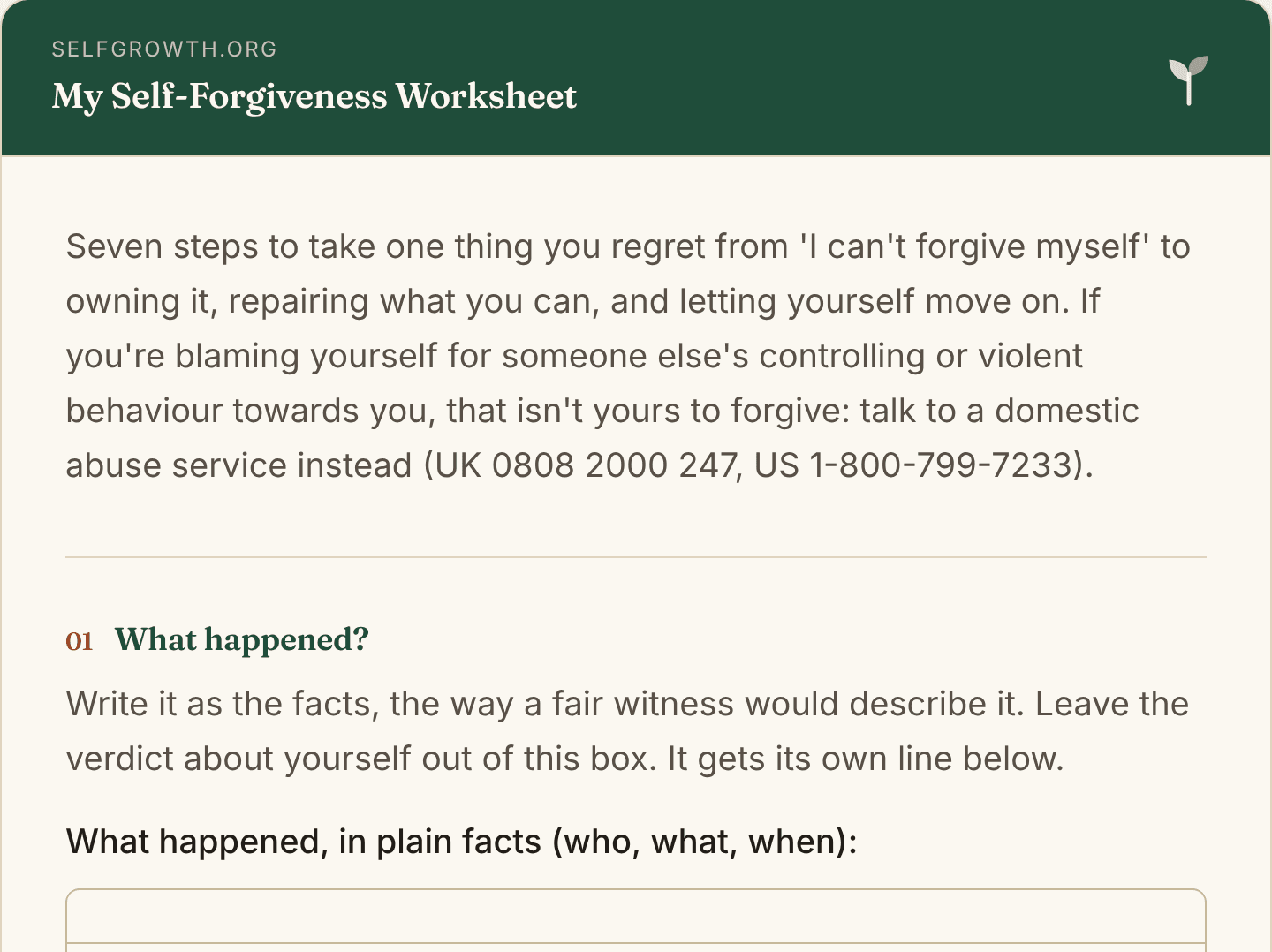 Preview of the Self-Forgiveness Worksheet, a free printable worksheet