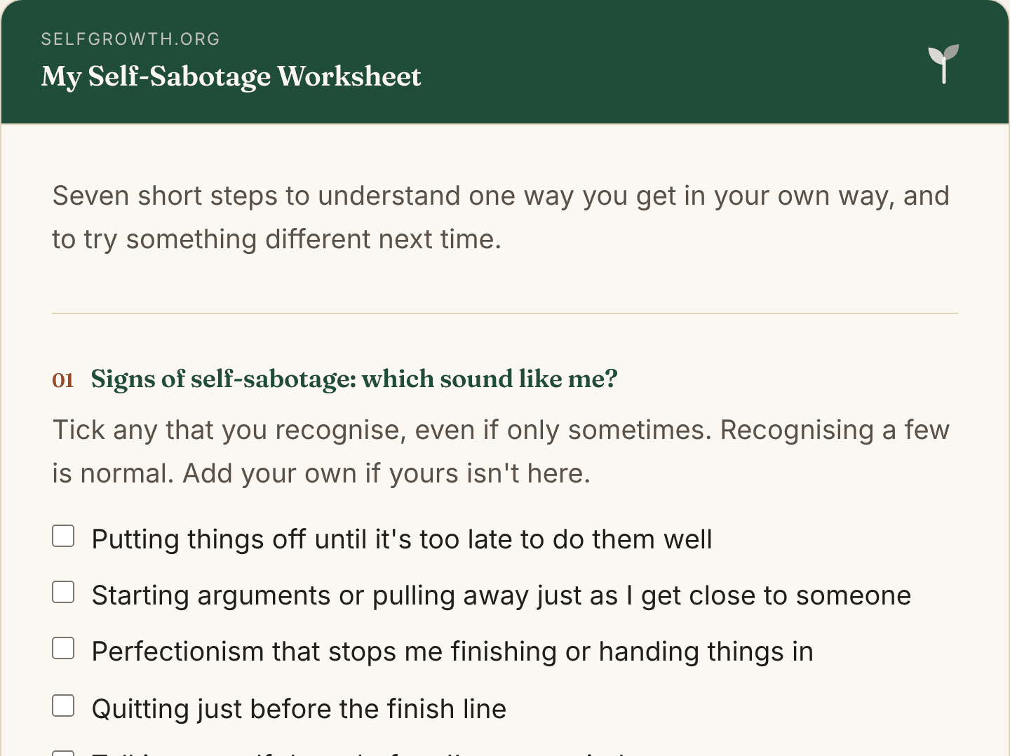 Preview of the Self-Sabotage Worksheet, a free printable worksheet