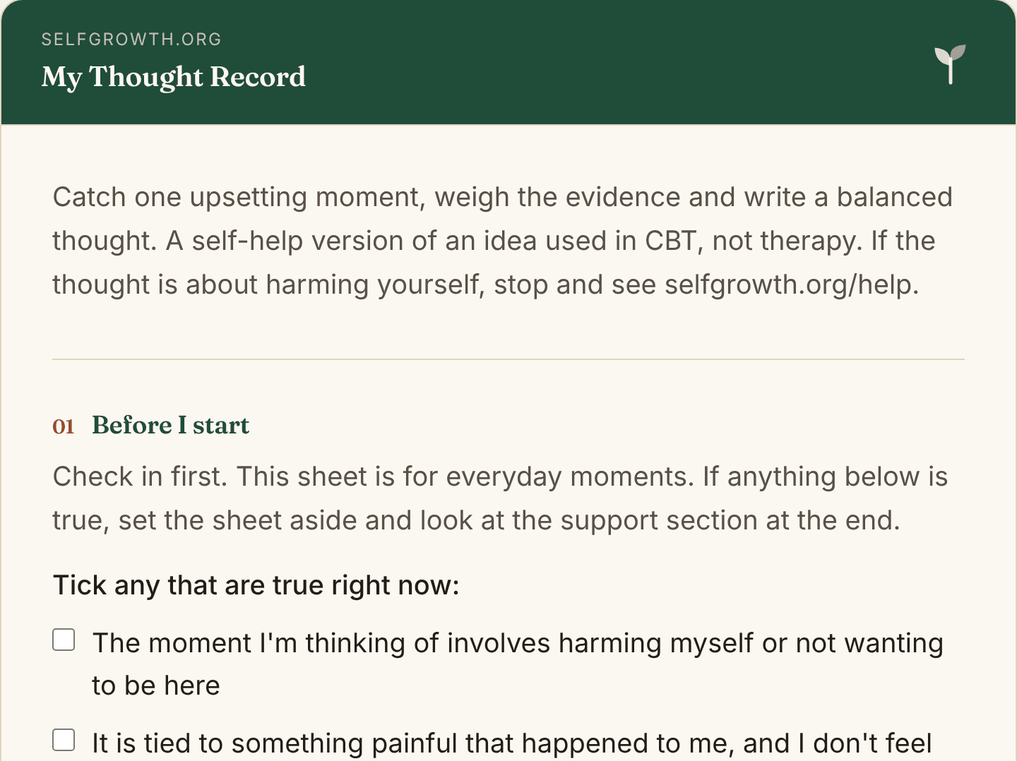 Preview of the Thought Record Worksheet, a free printable worksheet