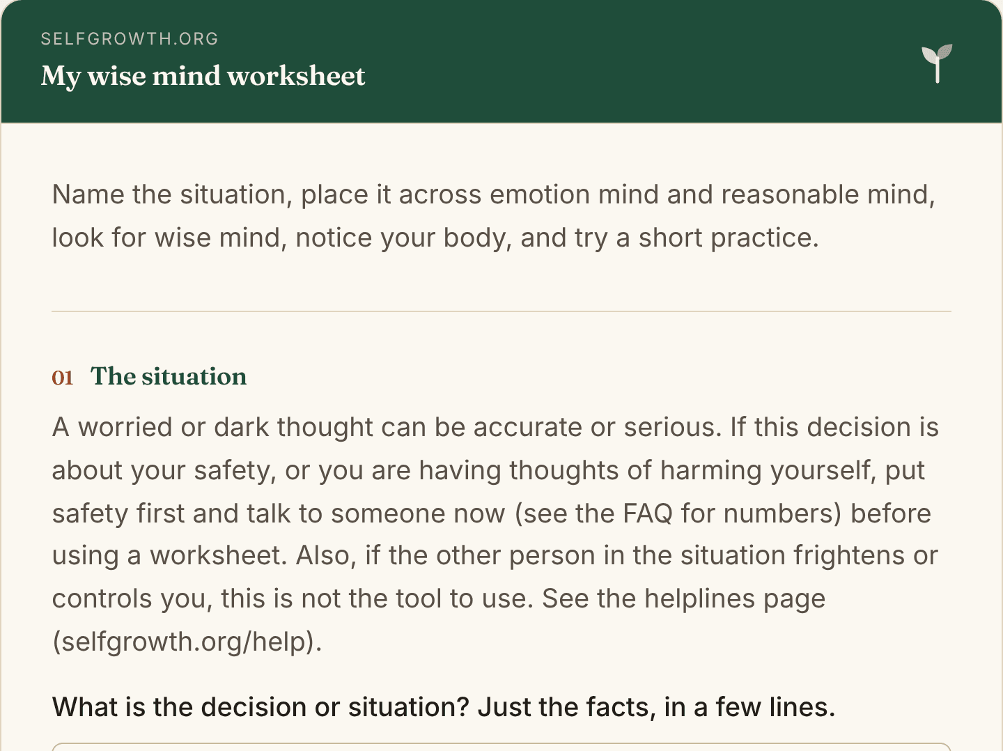Preview of the Wise Mind Worksheet, a free printable worksheet