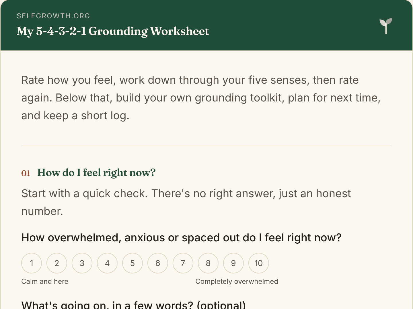 Preview of the 5-4-3-2-1 Grounding Worksheet, a free printable worksheet