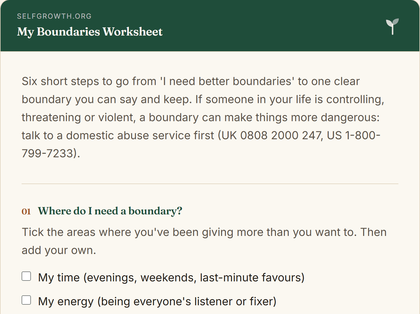 Preview of the Boundaries Worksheet, a free printable worksheet