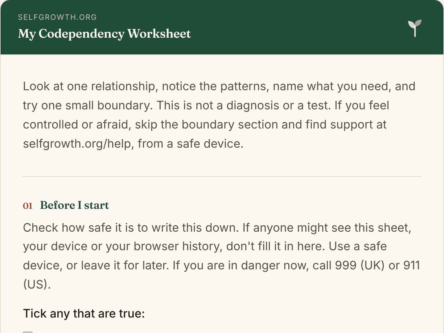 Preview of the Codependency Worksheet, a free printable worksheet