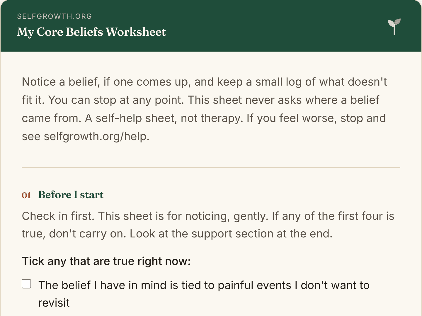 Preview of the Core Beliefs Worksheet, a free printable worksheet