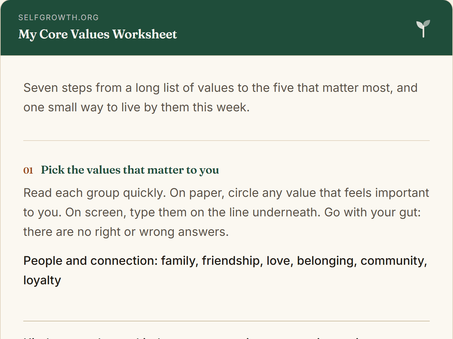 Preview of the Core Values Worksheet, a free printable worksheet