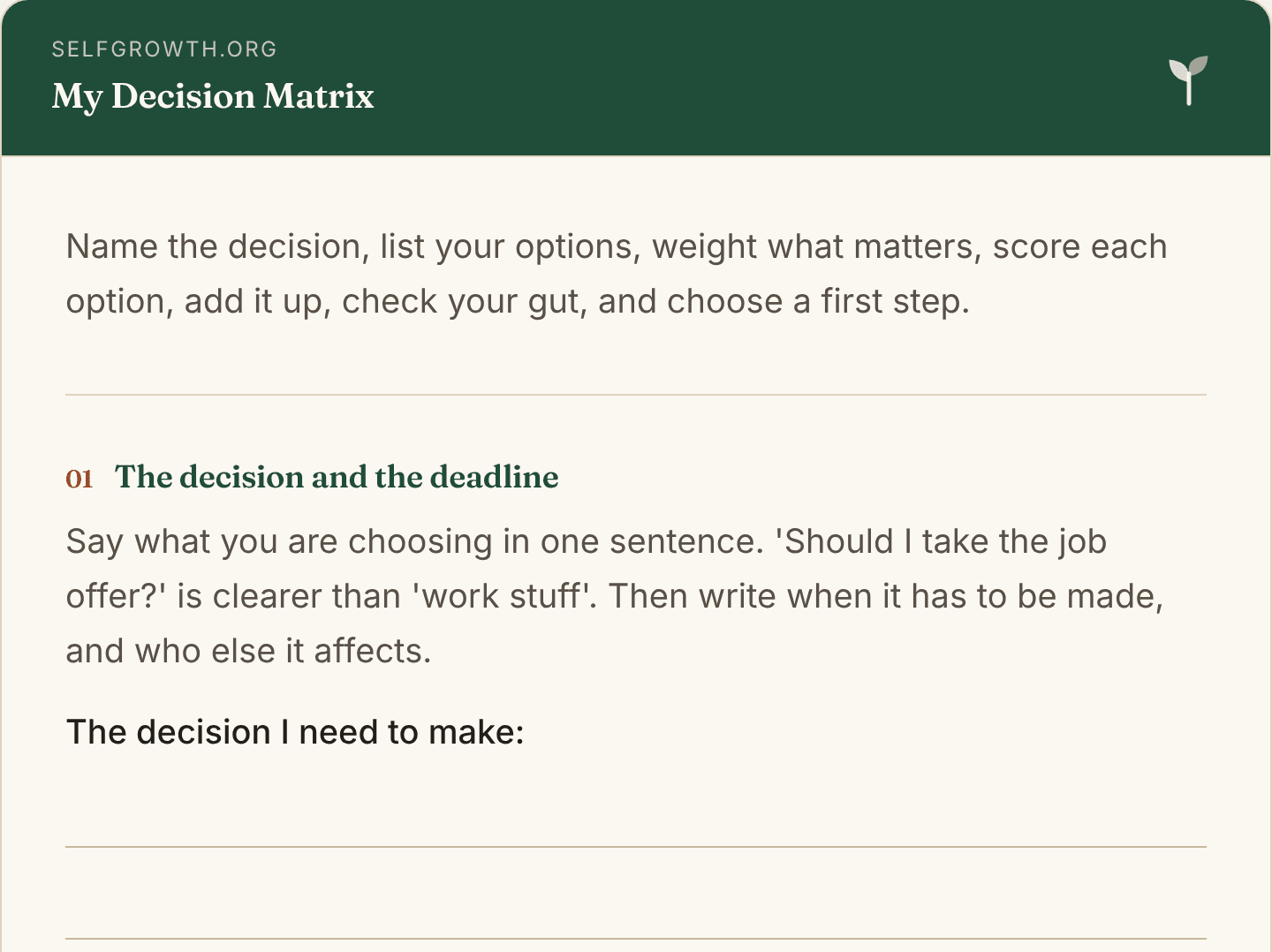 Preview of the Decision Matrix Template, a free printable worksheet