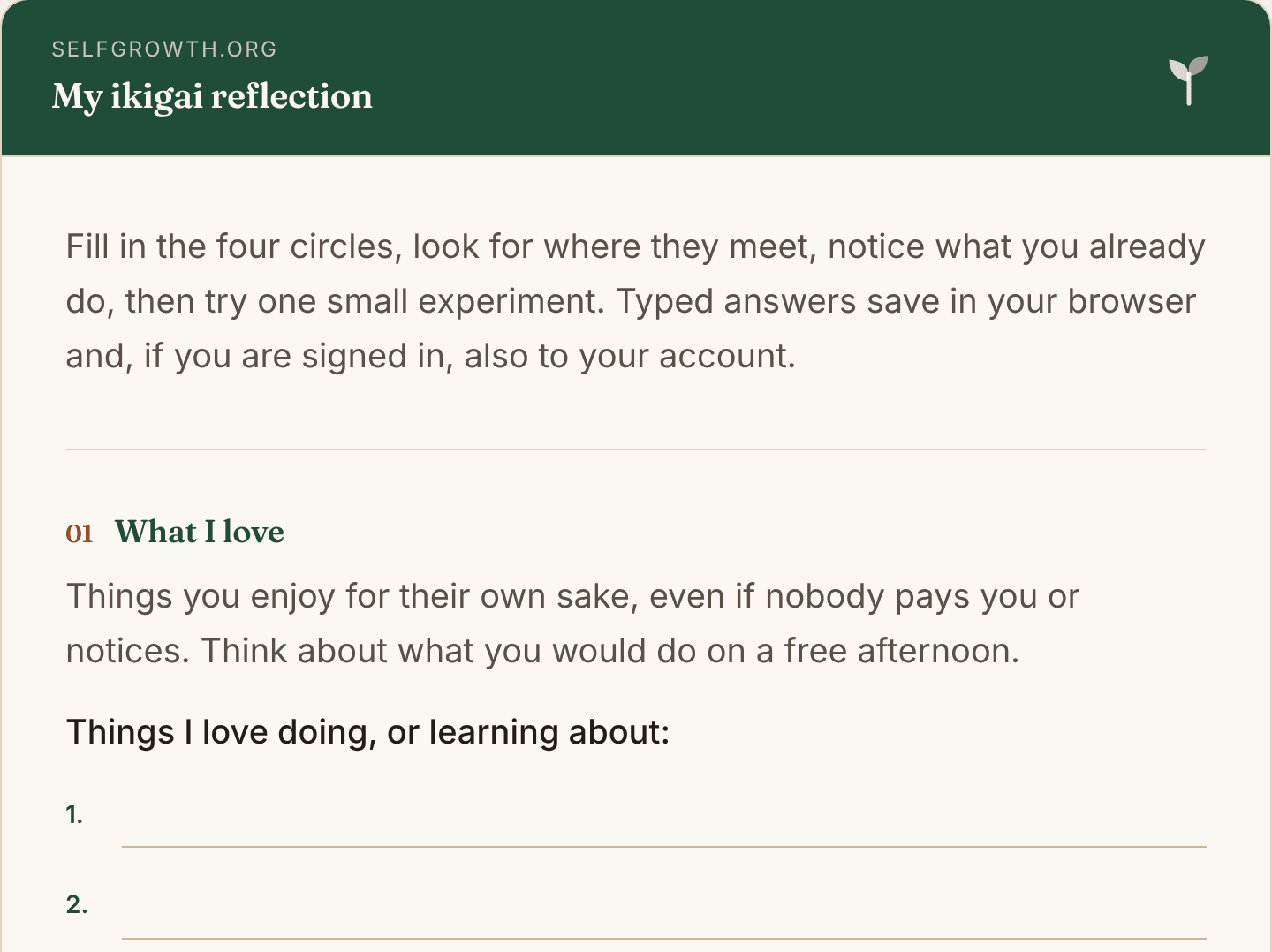 Preview of the Ikigai Worksheet, a free printable worksheet