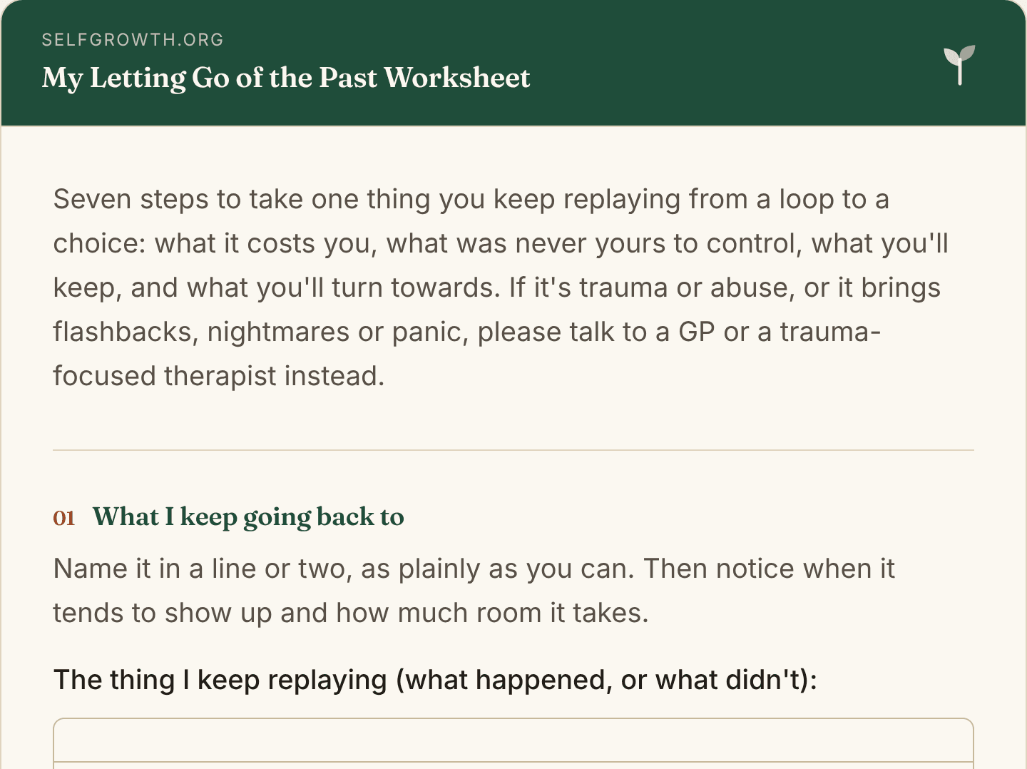 Preview of the Letting Go of the Past Worksheet, a free printable worksheet