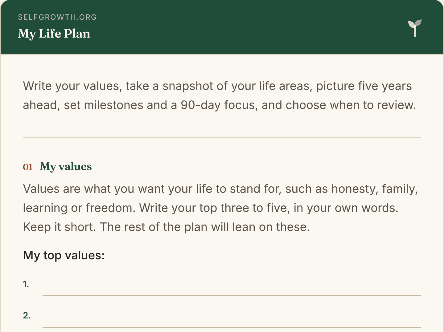 Preview of the Life Plan Template, a free printable worksheet