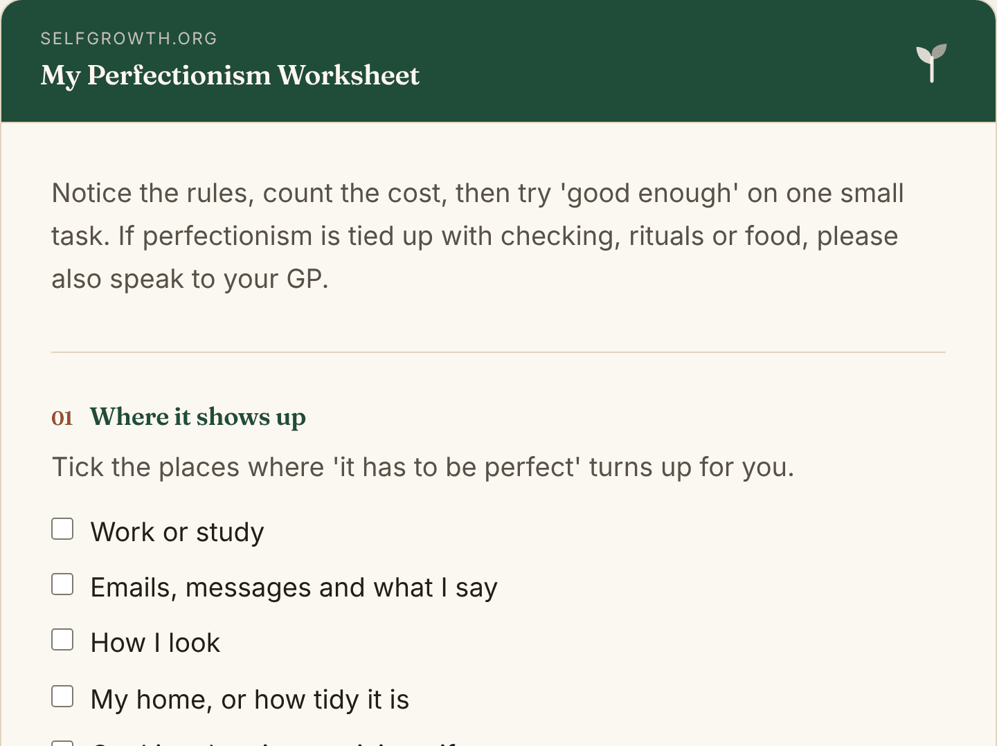 Preview of the Perfectionism Worksheet, a free printable worksheet