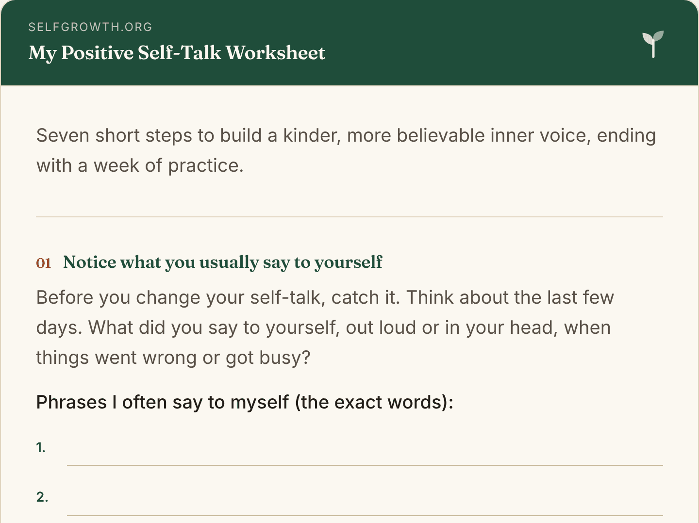 Preview of the Positive Self-Talk Worksheet, a free printable worksheet