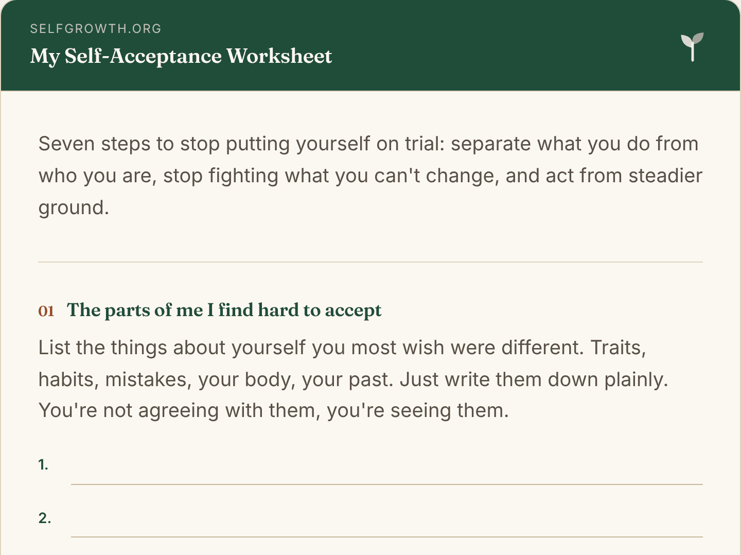 Preview of the Self-Acceptance Worksheet, a free printable worksheet