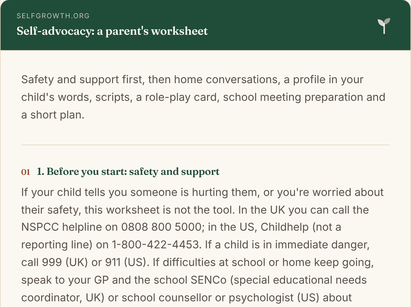 Preview of the Self-advocacy (parents), a free printable worksheet