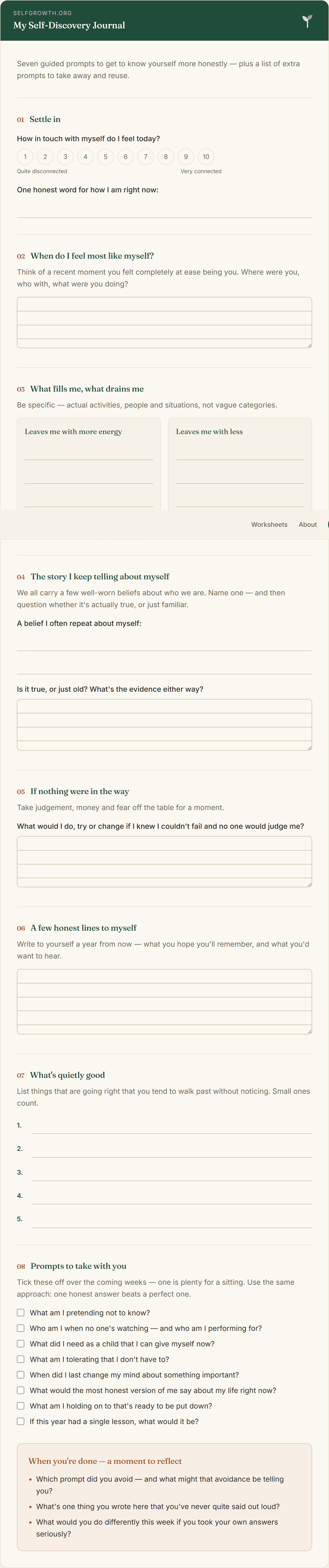 Preview of the Self-Discovery Journal Prompts — a free printable worksheet