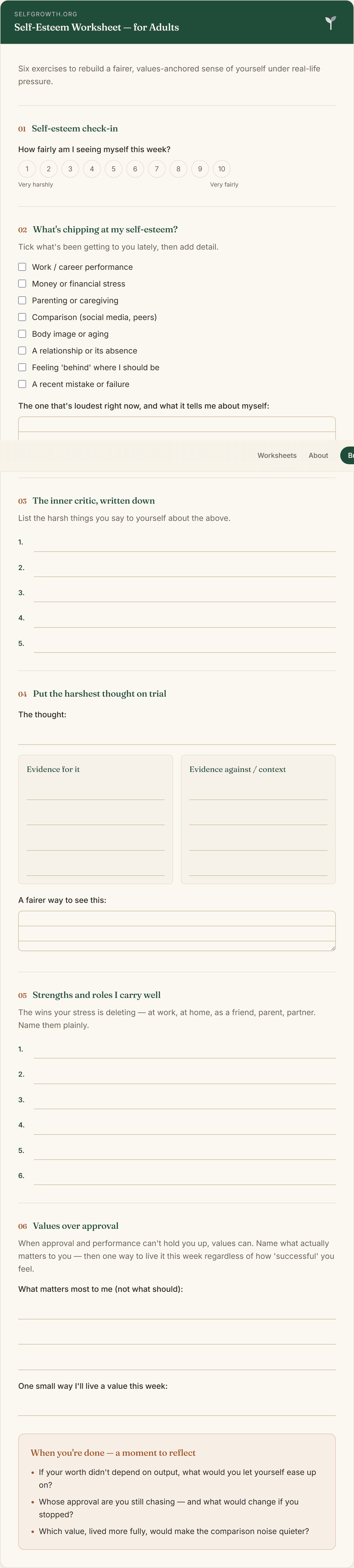 Preview of the Self-Esteem (Adults) — a free printable worksheet