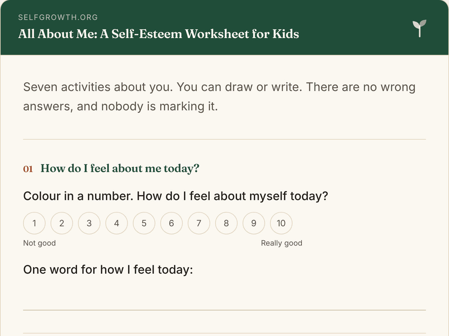 Preview of the Self-Esteem (Kids), a free printable worksheet