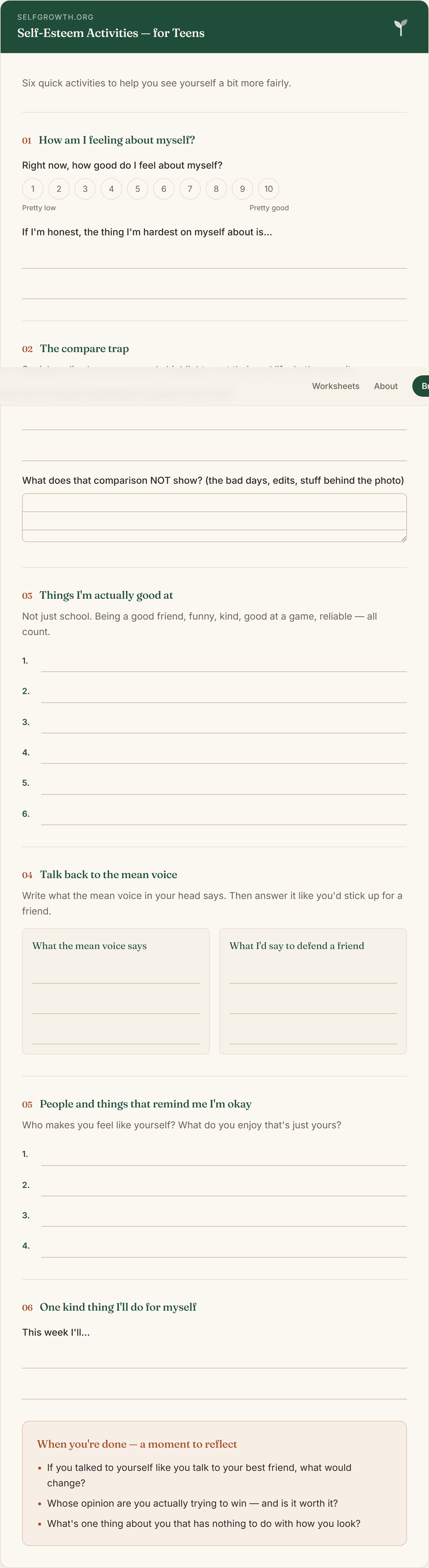 Preview of the Self-Esteem (Teens) — a free printable worksheet