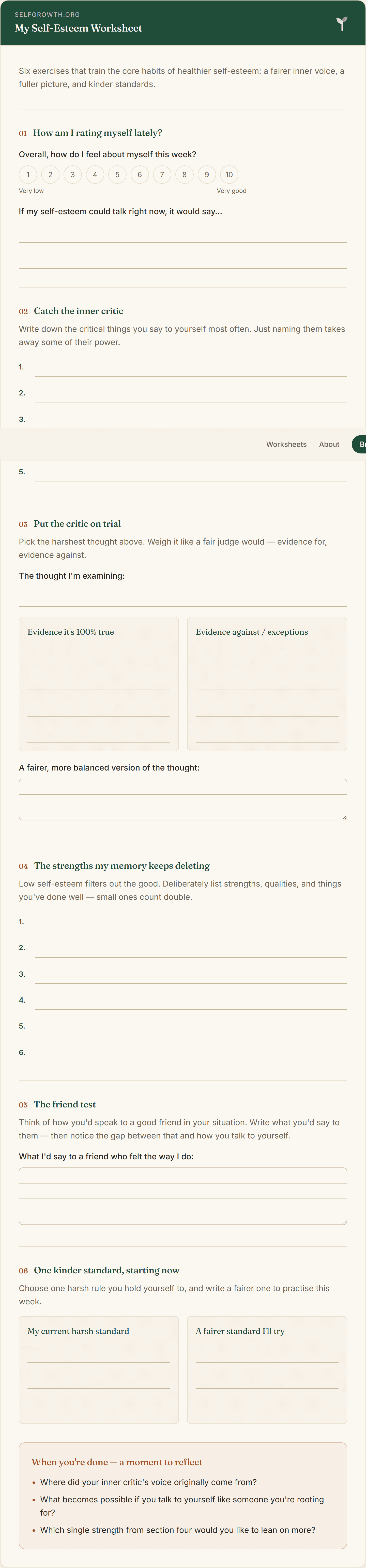 Preview of the Self-Esteem Worksheet — a free printable worksheet
