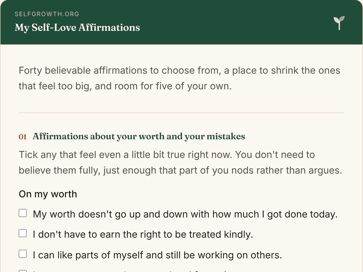 Preview of the Self-Love Affirmations, a free printable worksheet