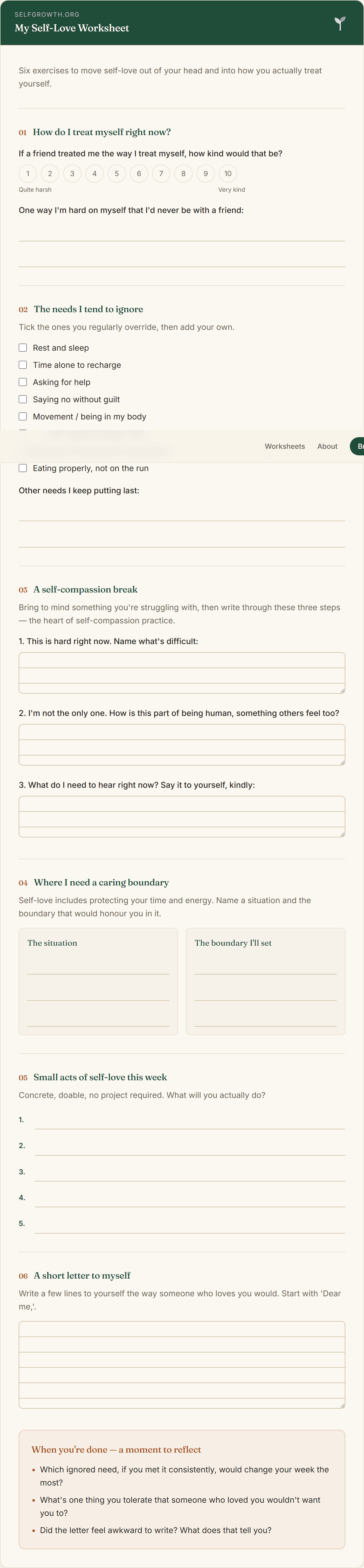 Preview of the Self-Love Worksheet — a free printable worksheet