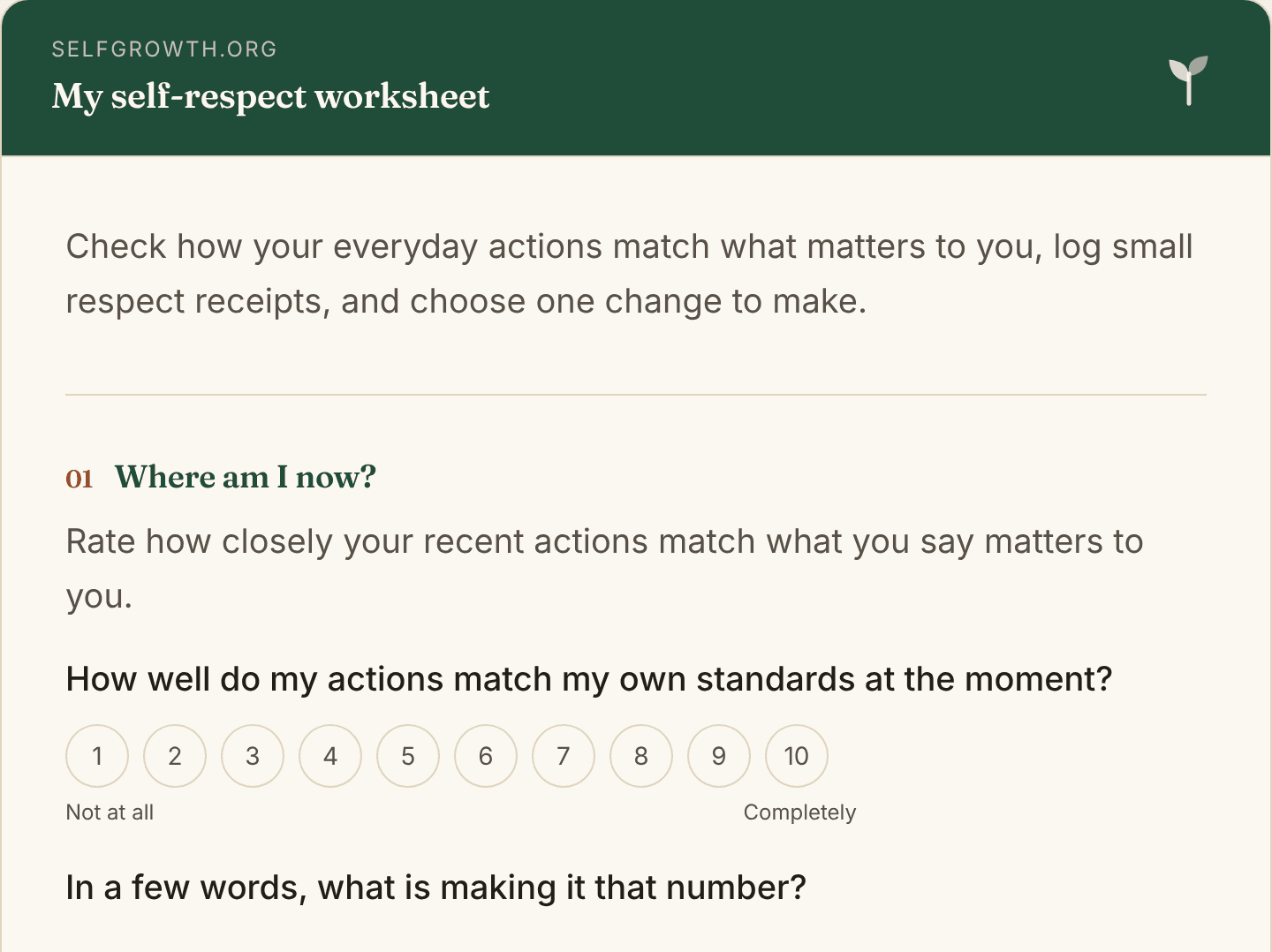 Preview of the Self-Respect Worksheet, a free printable worksheet