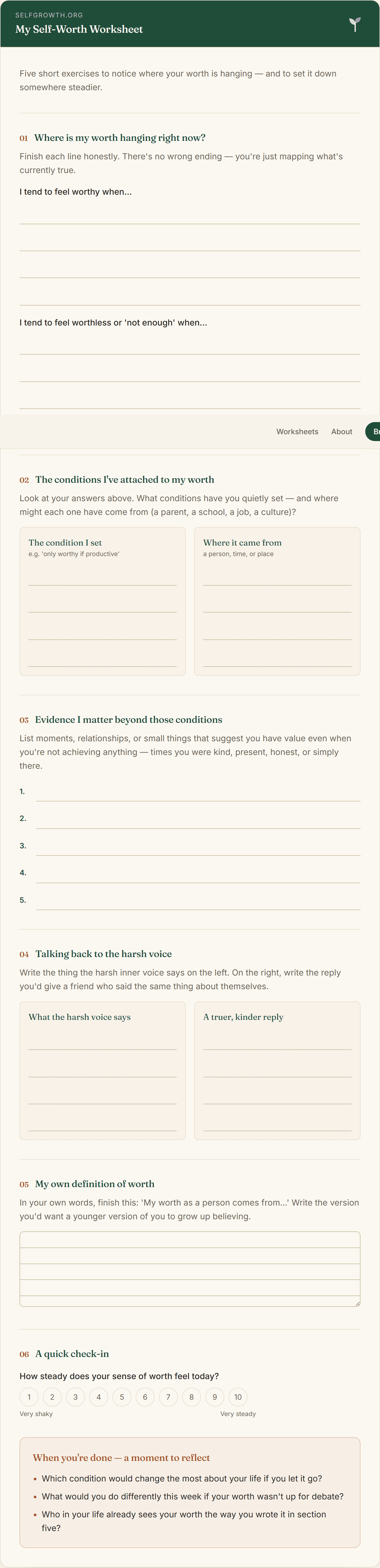 Preview of the Self-Worth Worksheet — a free printable worksheet