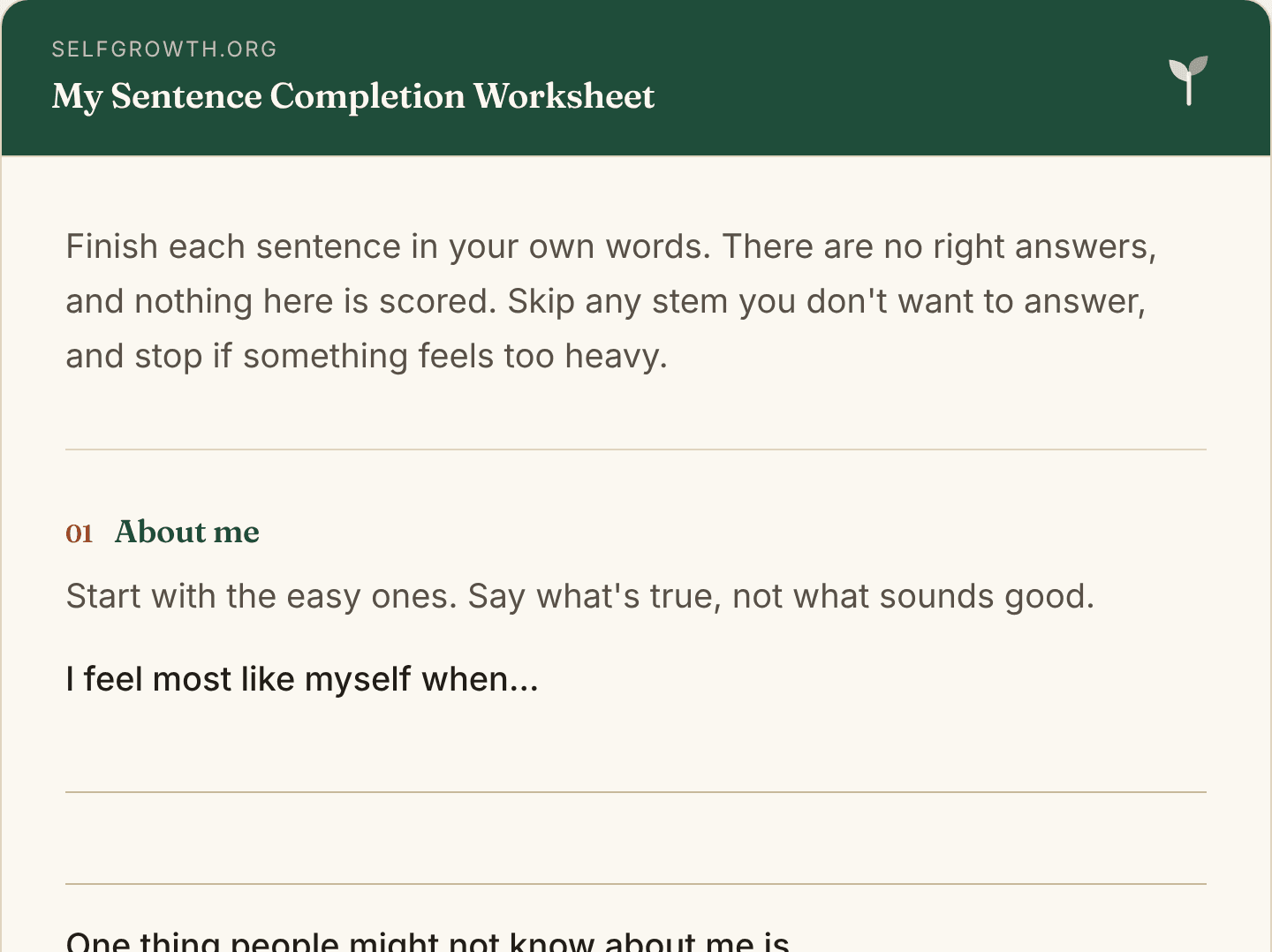 Preview of the Sentence Completion Worksheet, a free printable worksheet
