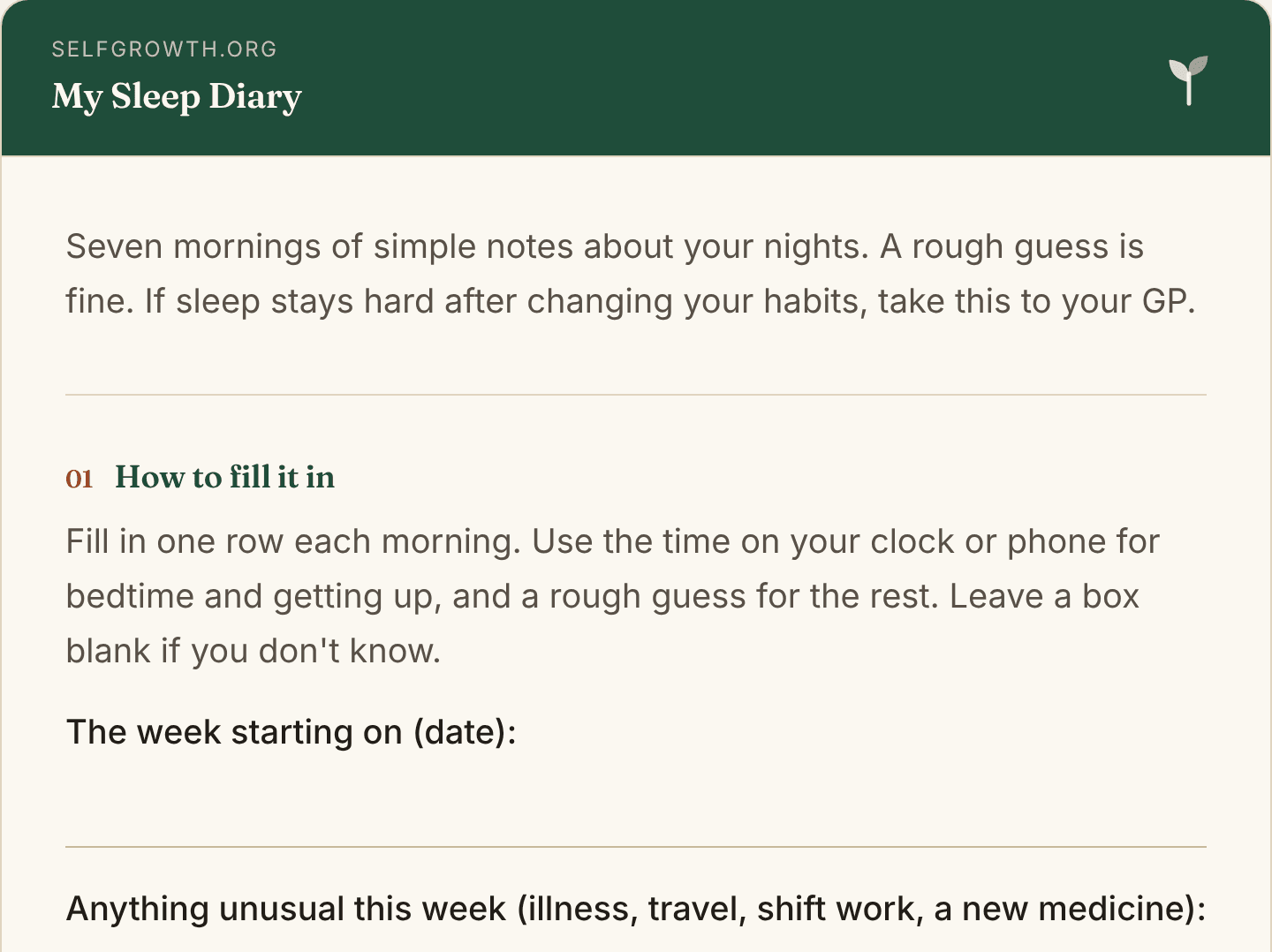 Preview of the Sleep Diary, a free printable worksheet