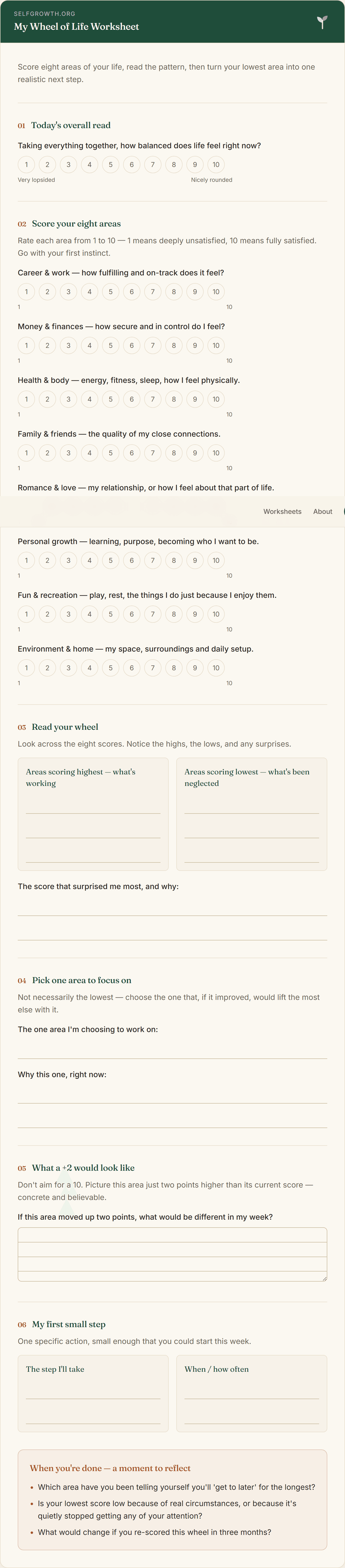 Preview of the Wheel of Life Worksheet — a free printable worksheet
